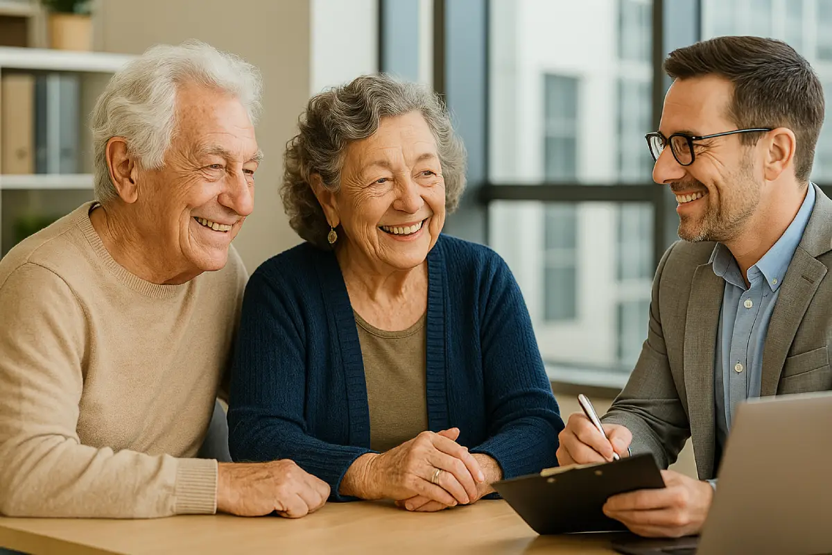 A smiling couple with an advisor
