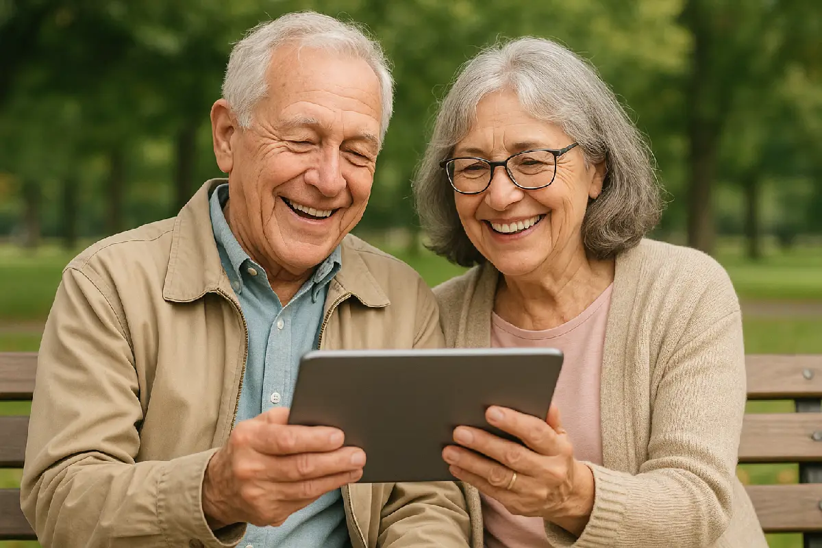 Smiling senior couple reviewing options on a tablet